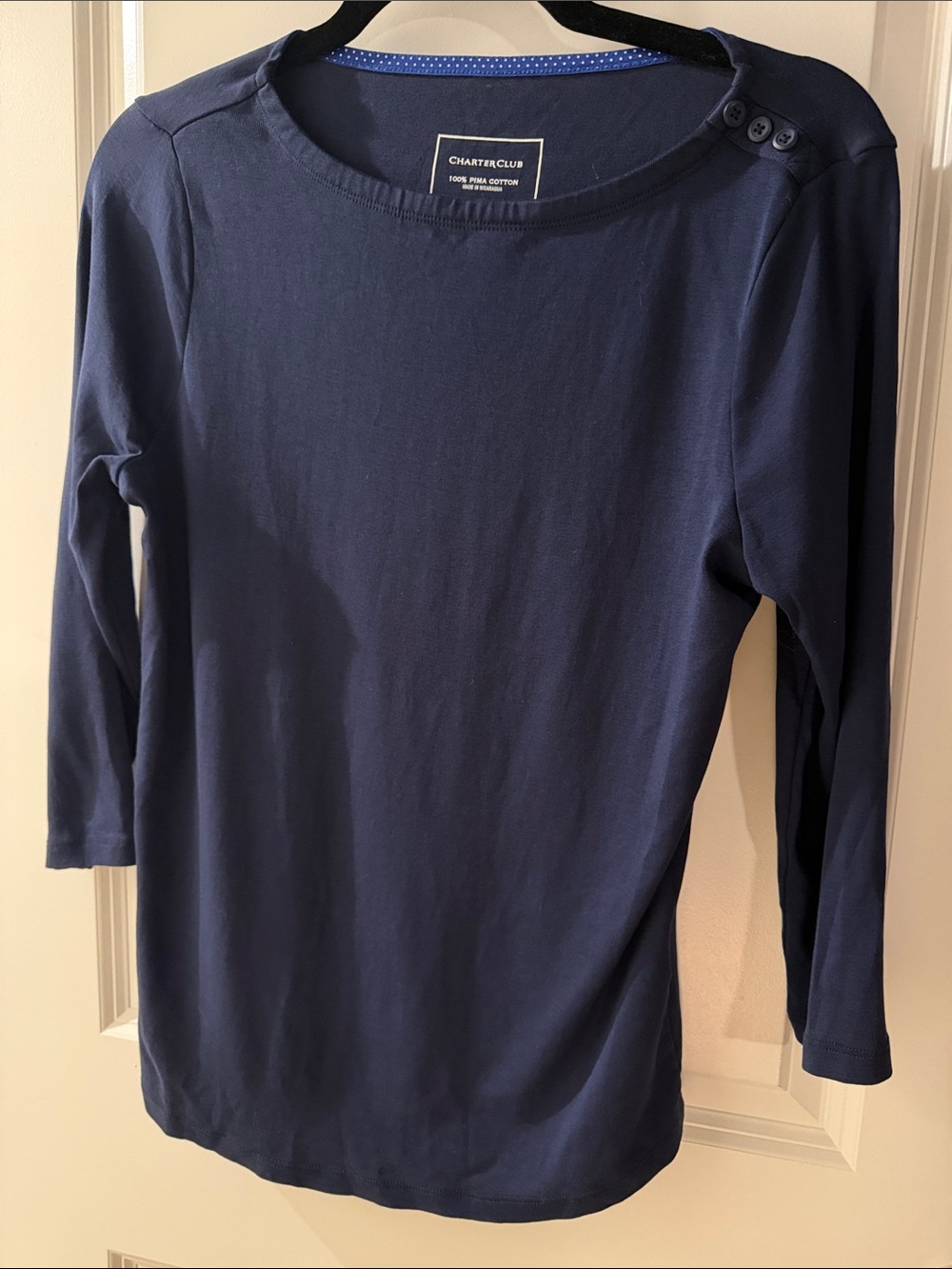 Charter Club Navy Long-Sleeve Button-Shoulder Top